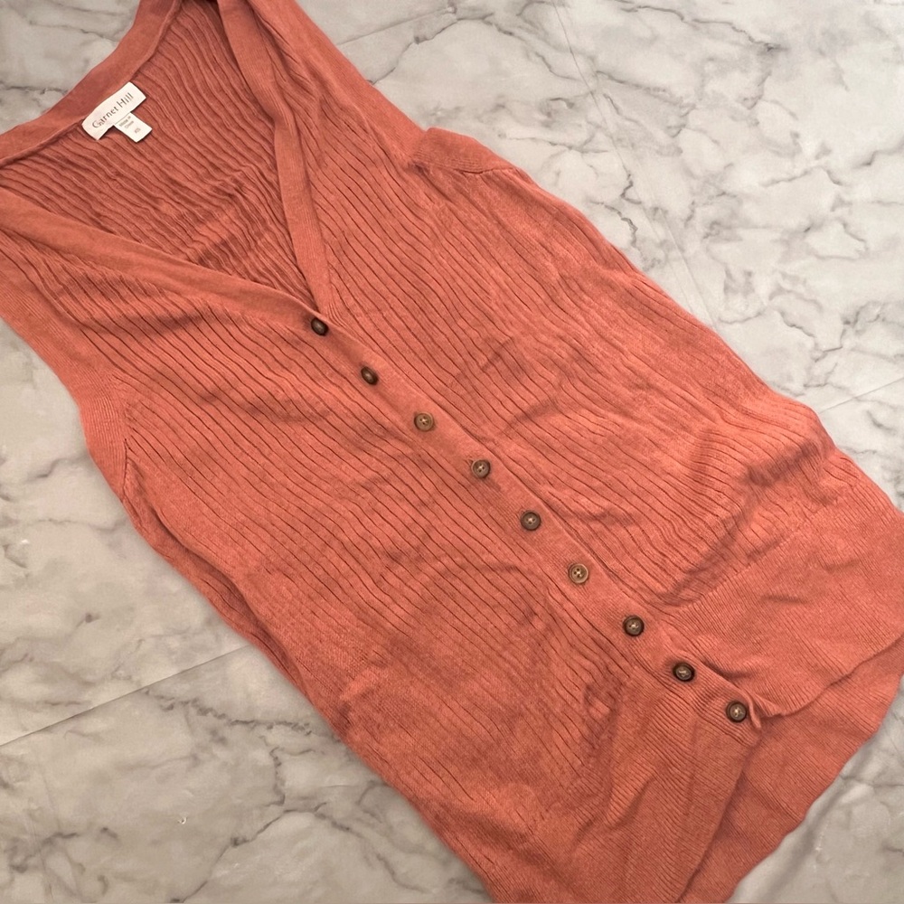 55% Linen 45% Cotton Brown Toned Pink Button Sleeveless Ribbed Vest XS - Picture 3 of 12